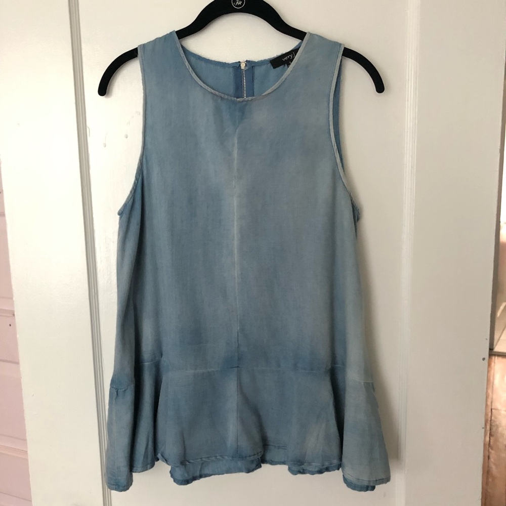 Denim Ruffle Hem Tank Top Zip Back - Picture 3 of 8